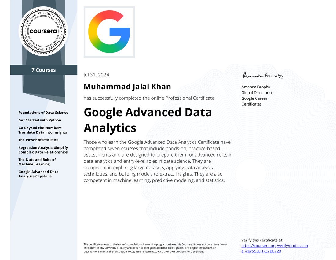 Google Advanced Data Analytics Professional Certificate certificate