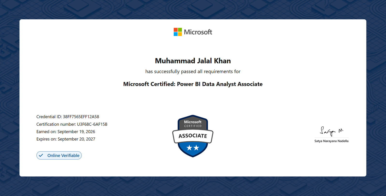 Microsoft Certified: Power BI Data Analyst Associate certificate